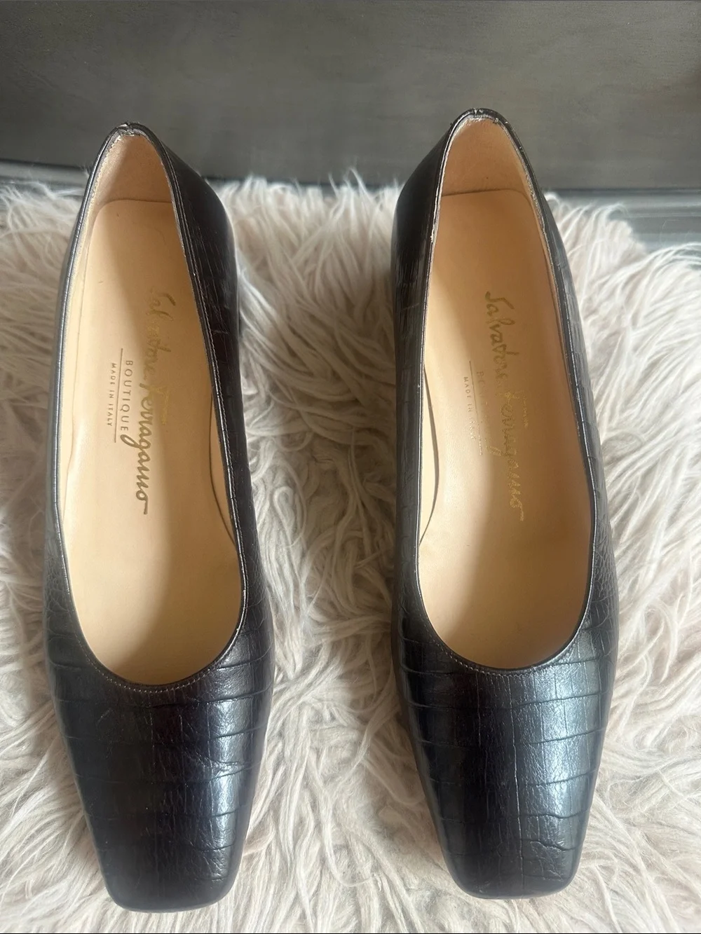 Salvatore Ferragamo Black Croc-Embossed Square-Toe Flats